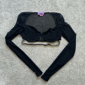 Black Crop Top w Mesh Sleeves and Strap under chest